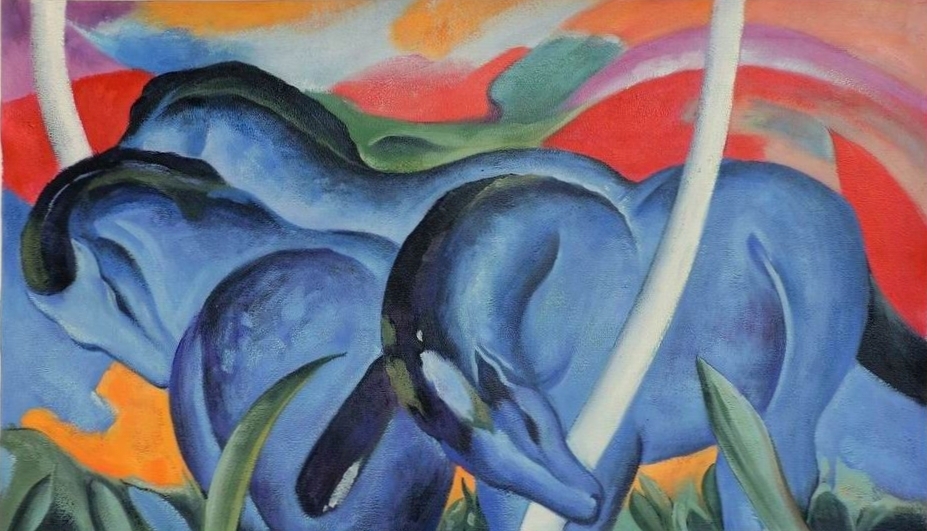 Berühmte Ölgemälde: Franz Marc (18801916) Die grossen blauen Pferde (The Large Blue Horses) 1911 105.7 cm × 181.1 cm Original im Walker Art Center, Minneapolis, Minnesota (USA)